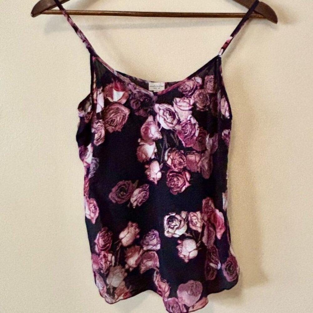 Wilfred| Aritzia| Lovely Pink & Black 100% Silk Rose Floral Light Camisole Sz S